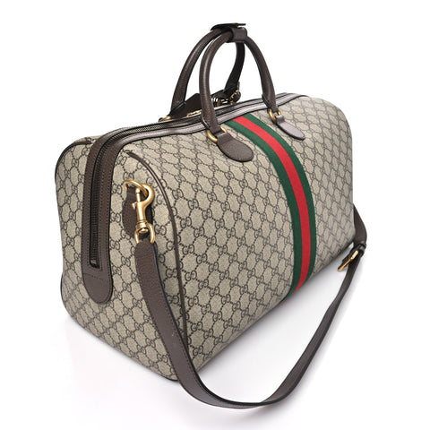 GG Supreme Monogram Textured Dollar Calfskin Web Medium Savoy Duffle Bag Beige Dark Brown