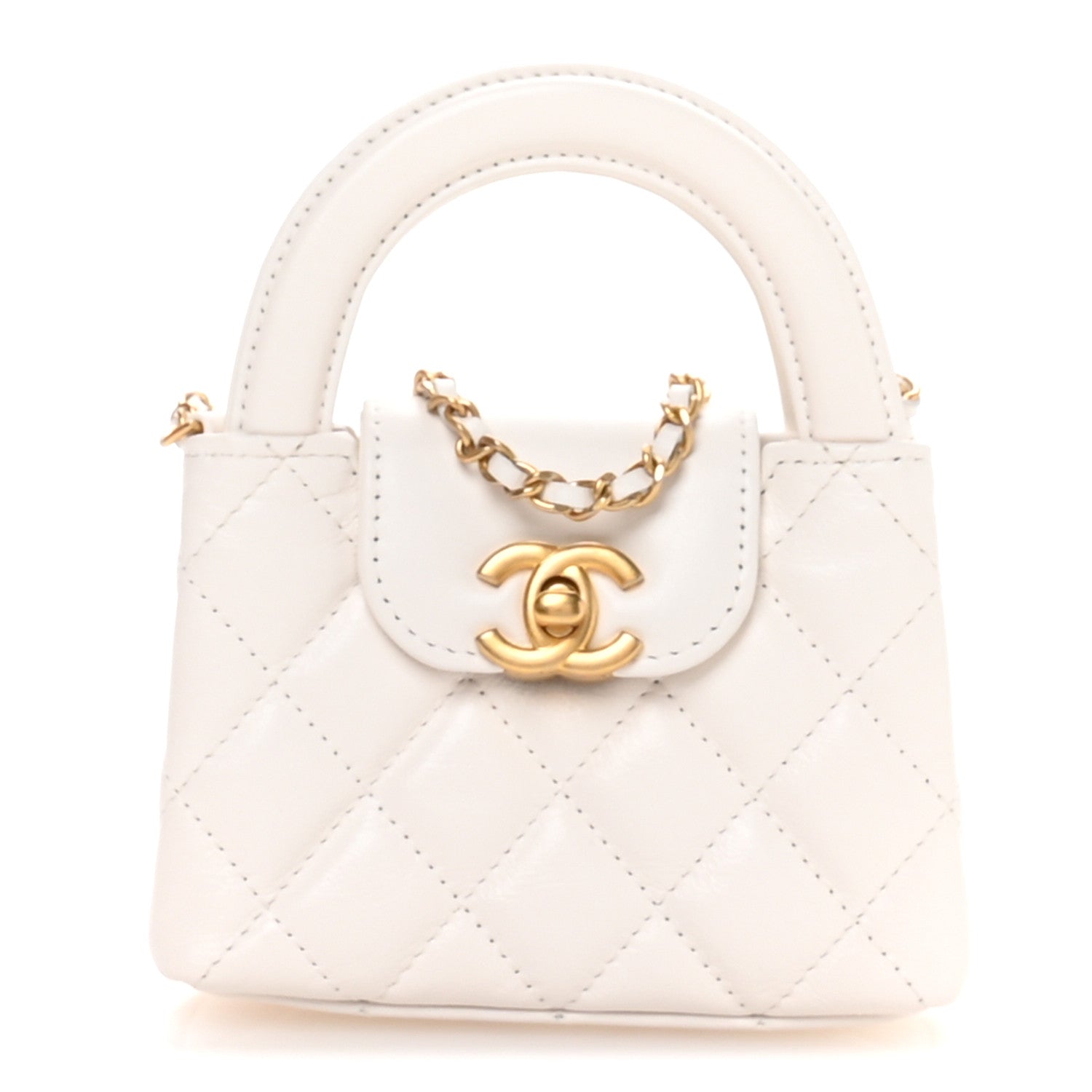 Chanel Shiny Aged Calfskin Quilted Mini Nano Kelly Shopper White