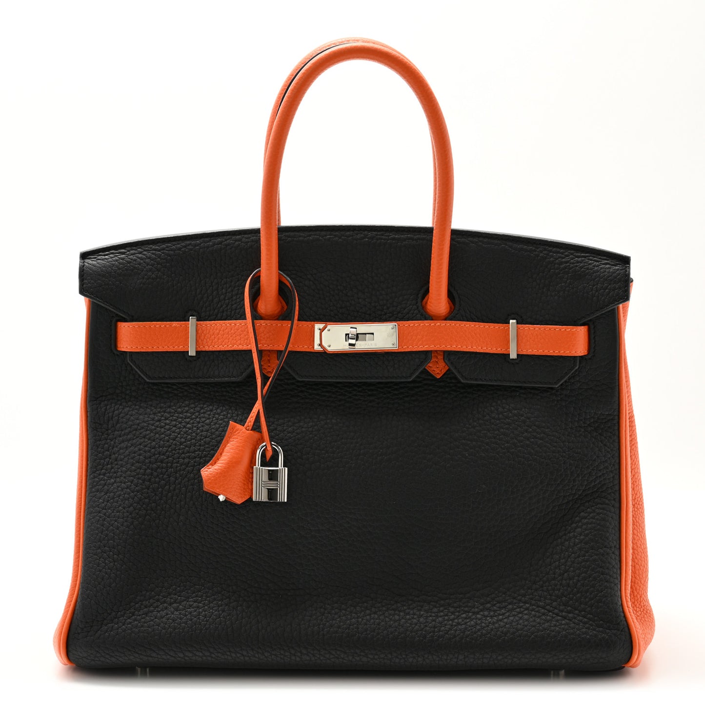 Taurillon Clemence Bi-Color Horseshoe Birkin 35 Black Orange