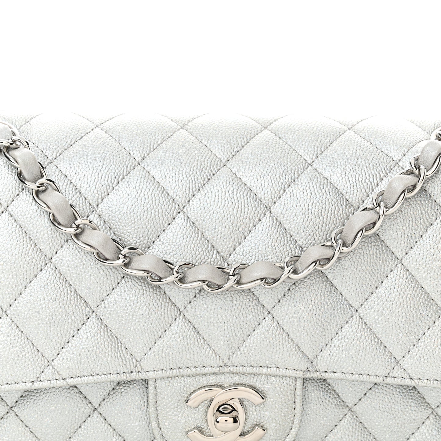 Glittered Metallic Caviar Quilted Medium Double Flap Silver