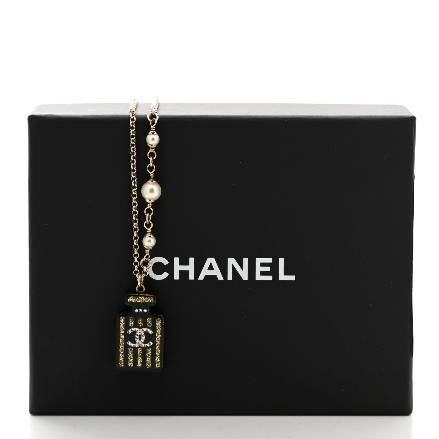 Resin Strass Pearl Perfume Bottle CC Necklace Black Gold