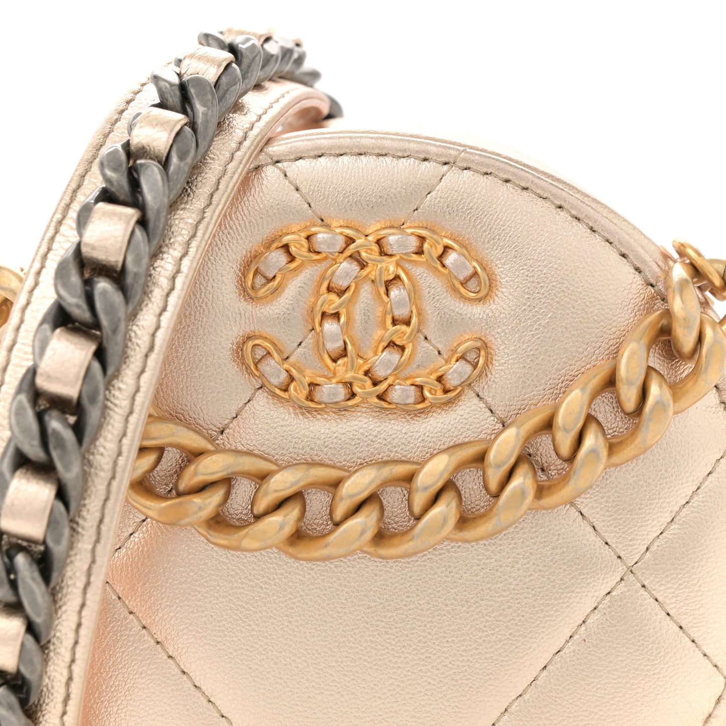 Metallic Lambskin Quilted Chanel 19 Round Clutch With Chain Gold