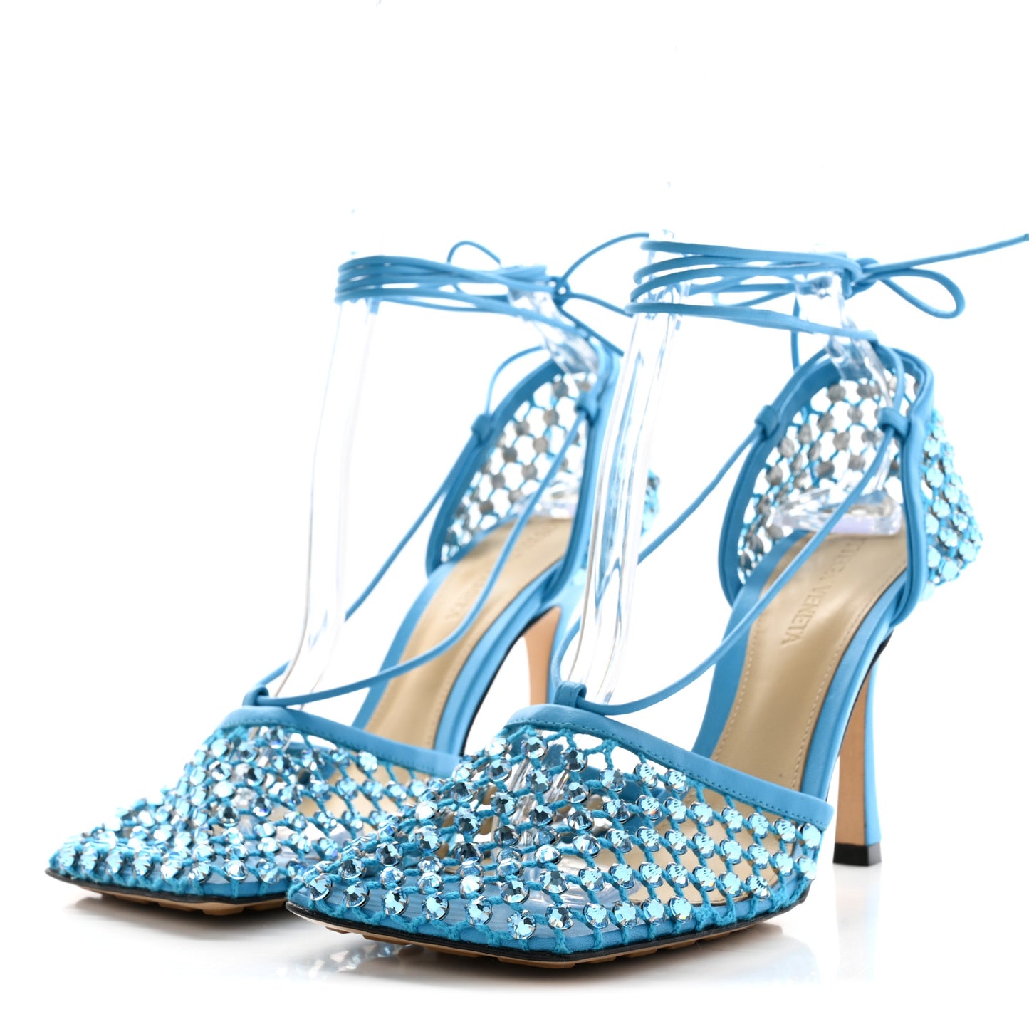 Mesh Nappa Crystal Embellished Sparkle Stretch Ankle Tie 90mm Sandals 37 Pool