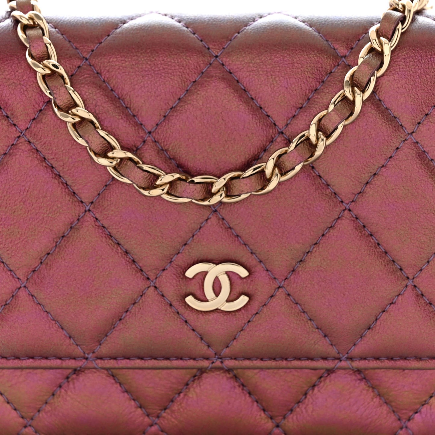 Iridescent Lambskin Quilted Mini Wallet On Chain WOC Purple