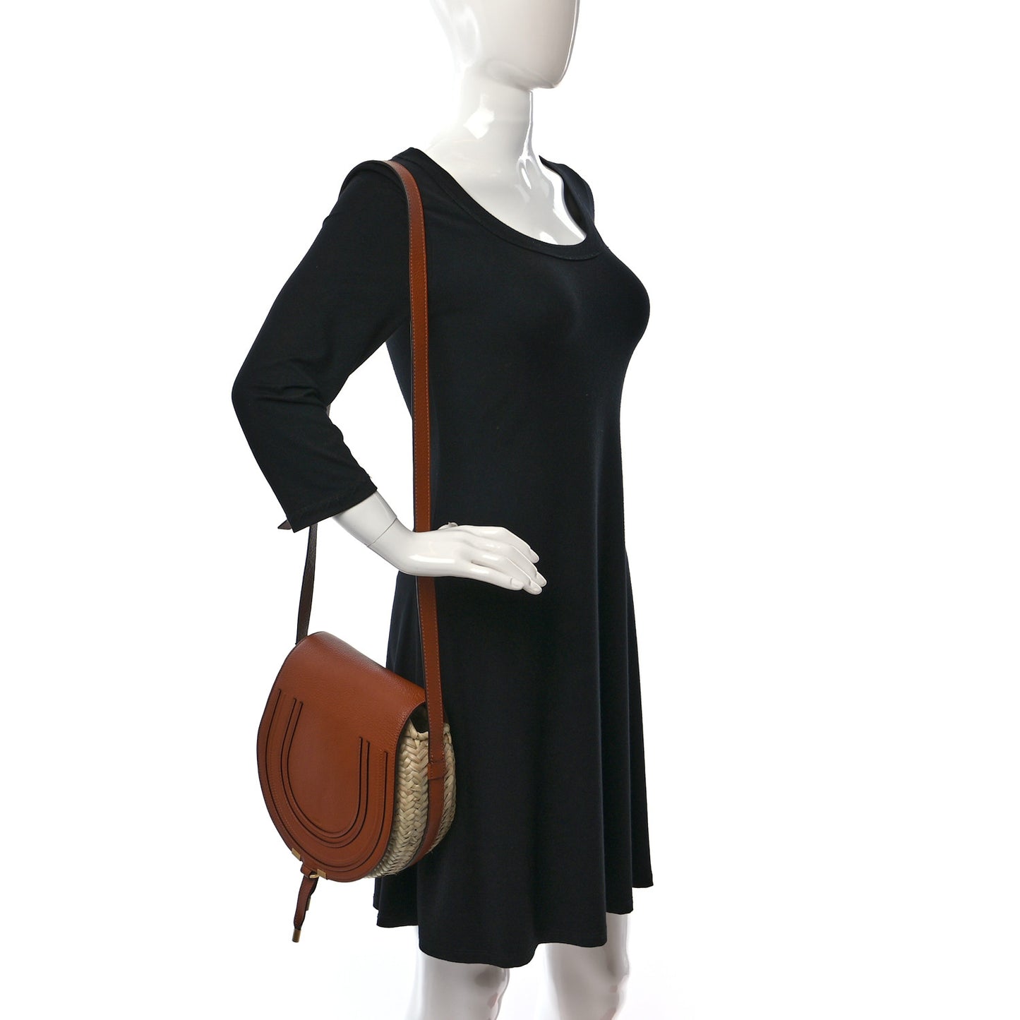 Raffia Small Grain Calfskin Small Marcie Basket Crossbody Tan