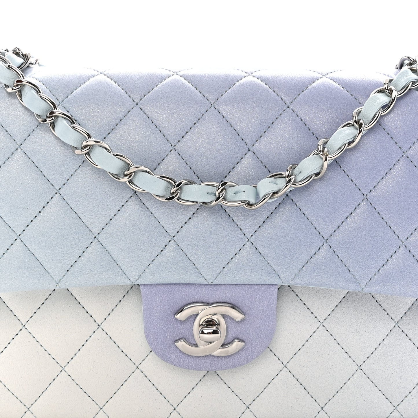 Perforated Lambskin Quilted Medium Double Flap Light Blue Light Purple White