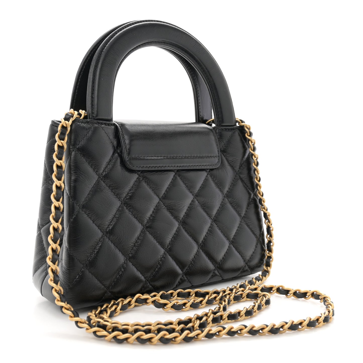 Shiny Aged Calfskin Quilted Nano Kelly Shopper Black