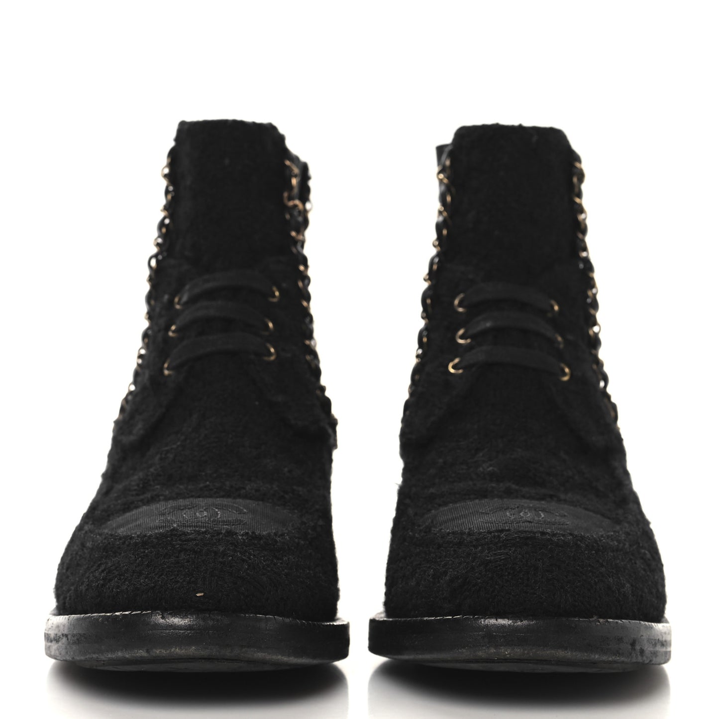 Tweed Calfskin Chain Lace Up Boots 37.5 Black