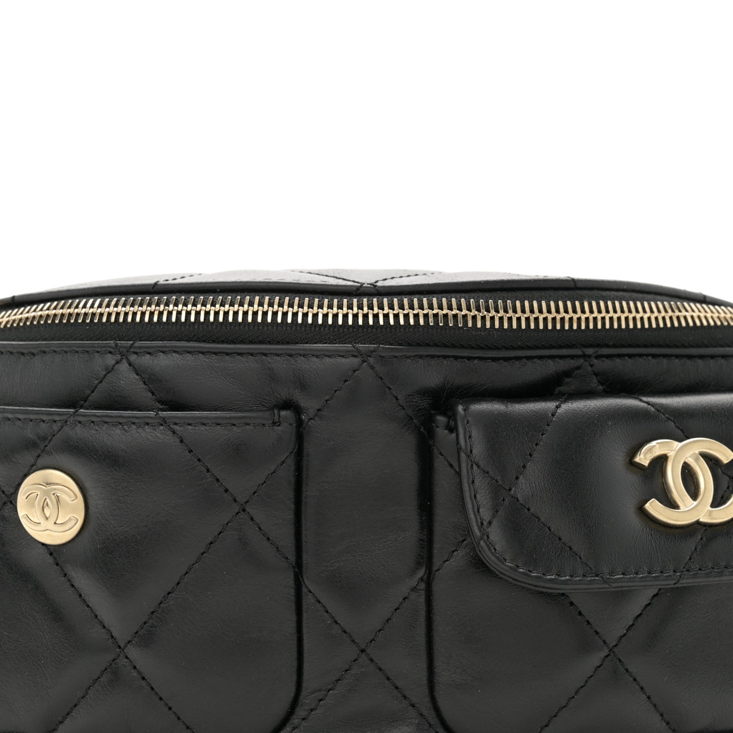 Shiny Aged Calfskin Quilted CC Pockets Jacket Waist Belt Bag Black