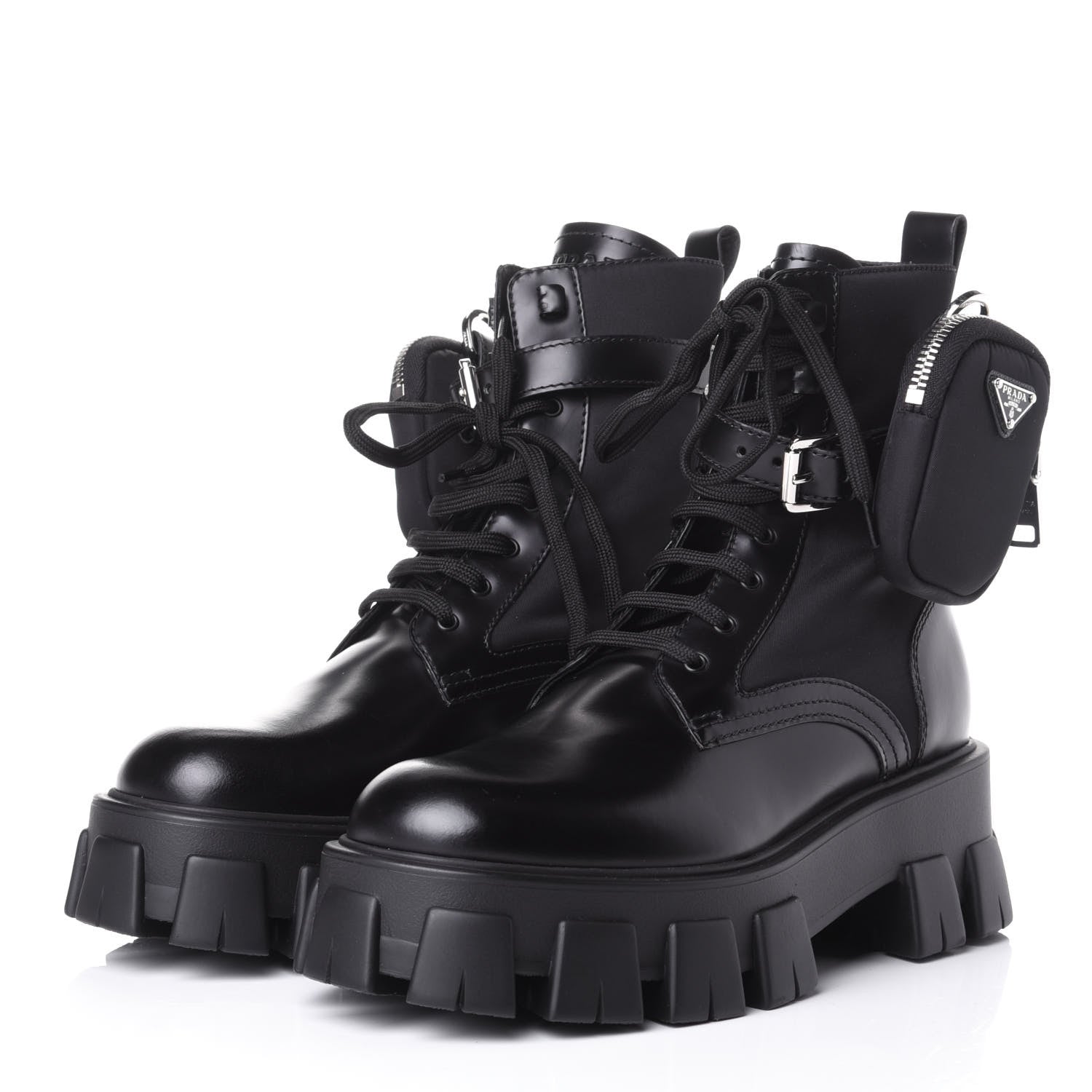 Prada Spazzolato Rois Nylon Metal Triangle Logo Monolith Pouch Pocket 55mm Boots 39 Black 3 of 11