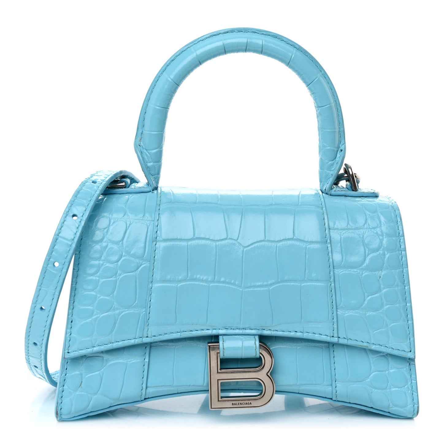 Shiny Calfskin Crocodile Embossed Hourglass Top Handle Bag XS Bright Bleu