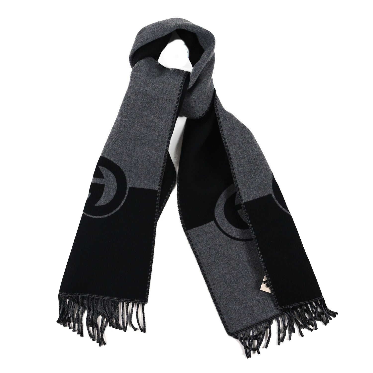 Gucci Wool Cashmere Interlocking G Scarf Grey Black 1779699
