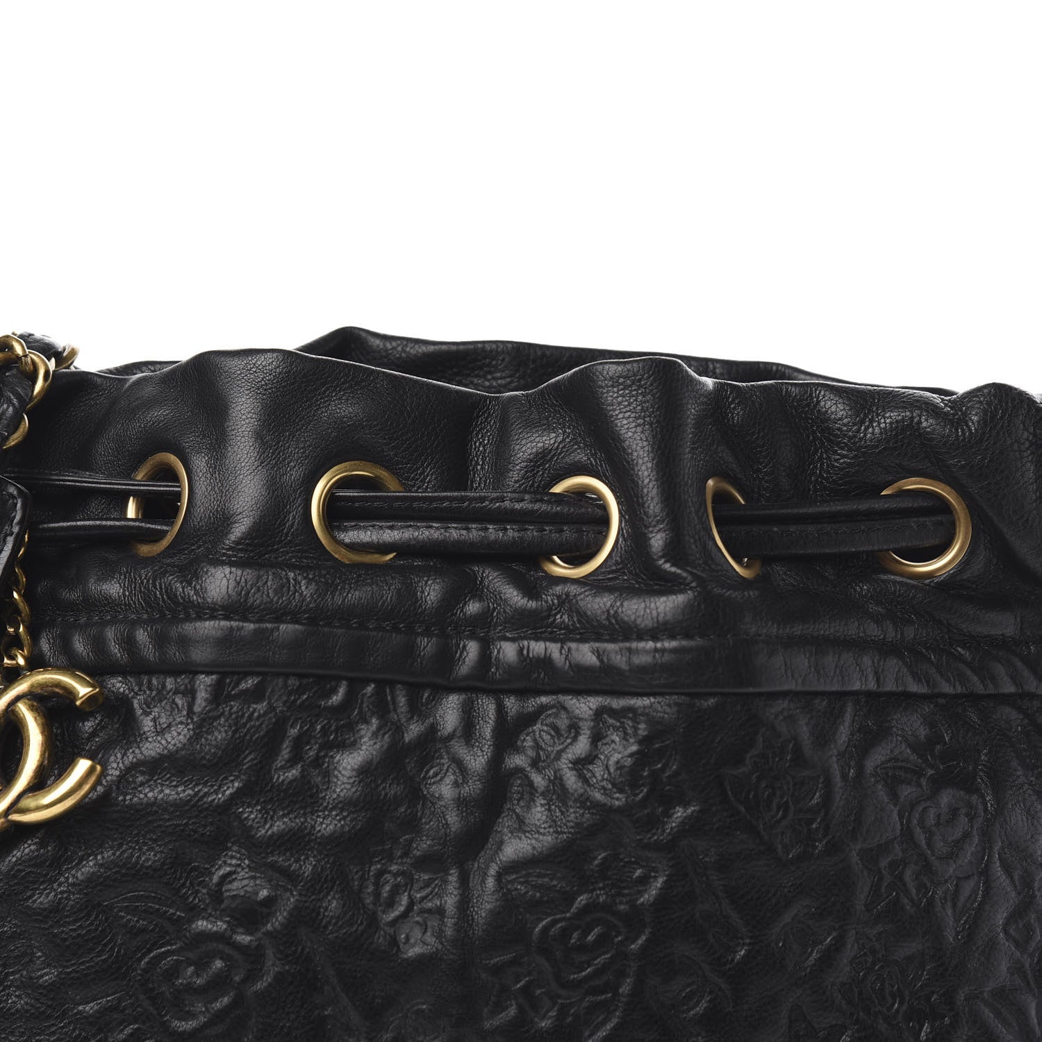 Chanel Calfskin Camellia Embossed Drawstring Shoulder Bag Black 10 of 10