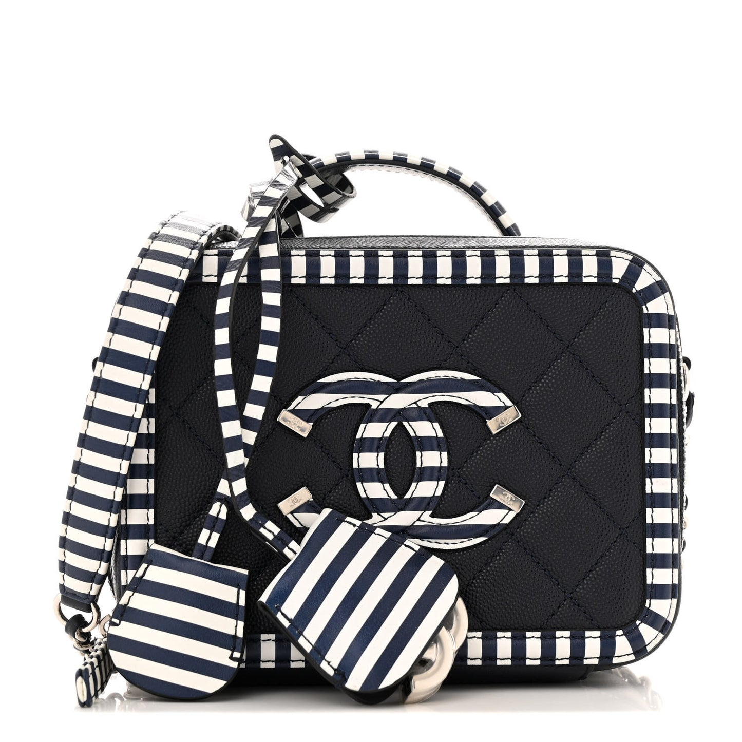 Caviar Quilted Striped Small CC Filigree Vanity Case Navy White