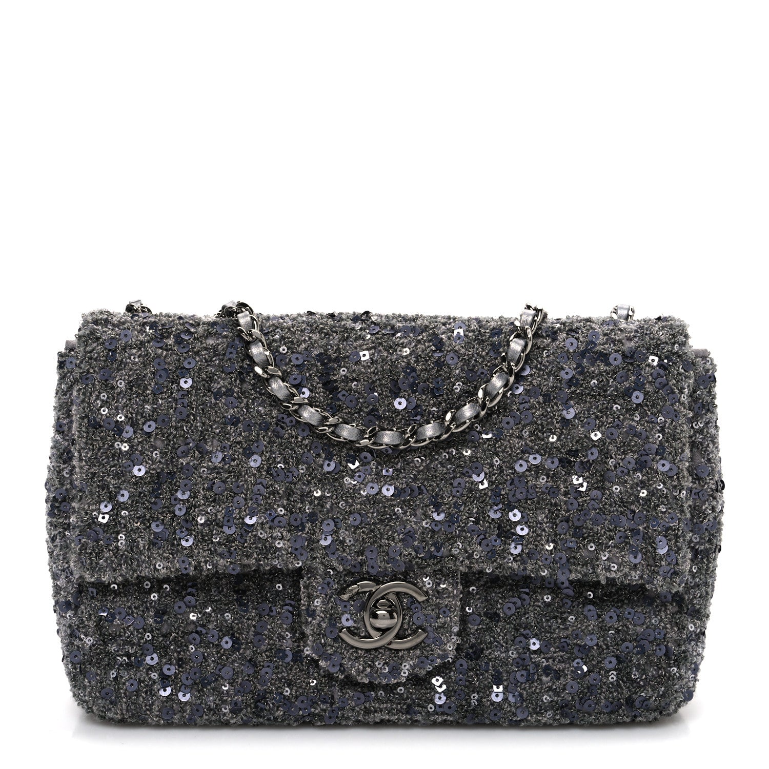 Chanel Sequin Quilted Small Single Flap Grey Dark Grey 1871097