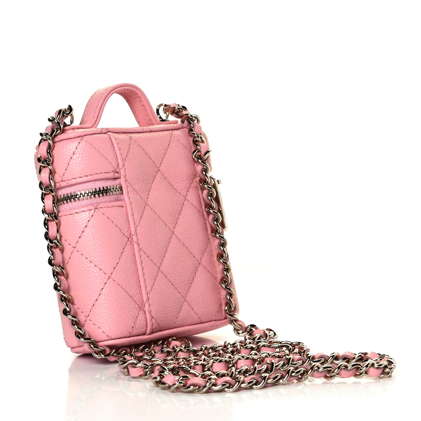 Caviar Quilted Small Handle With Care Vanity Case With Chain Pink
