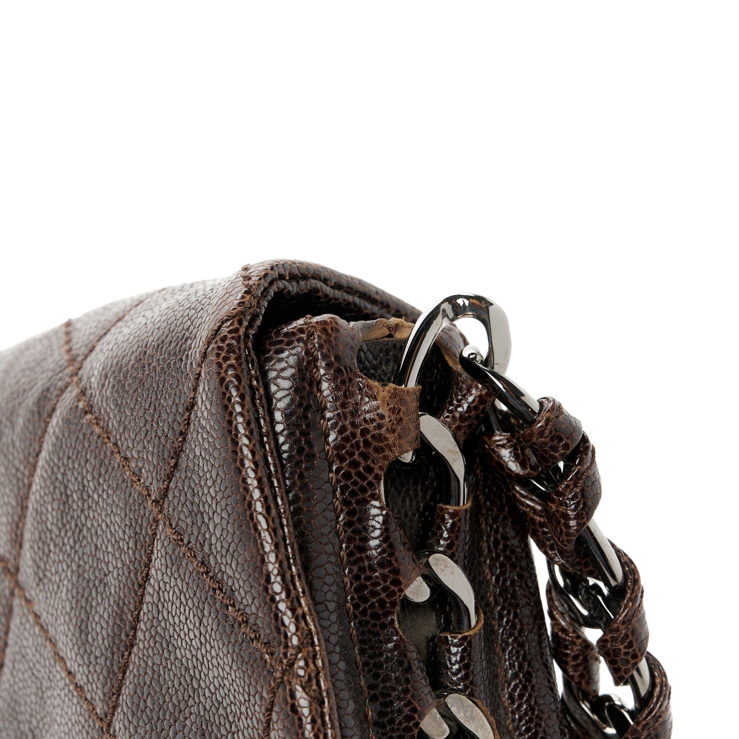 Glazed Caviar Quilted Modern Chain Flap Dark Brown