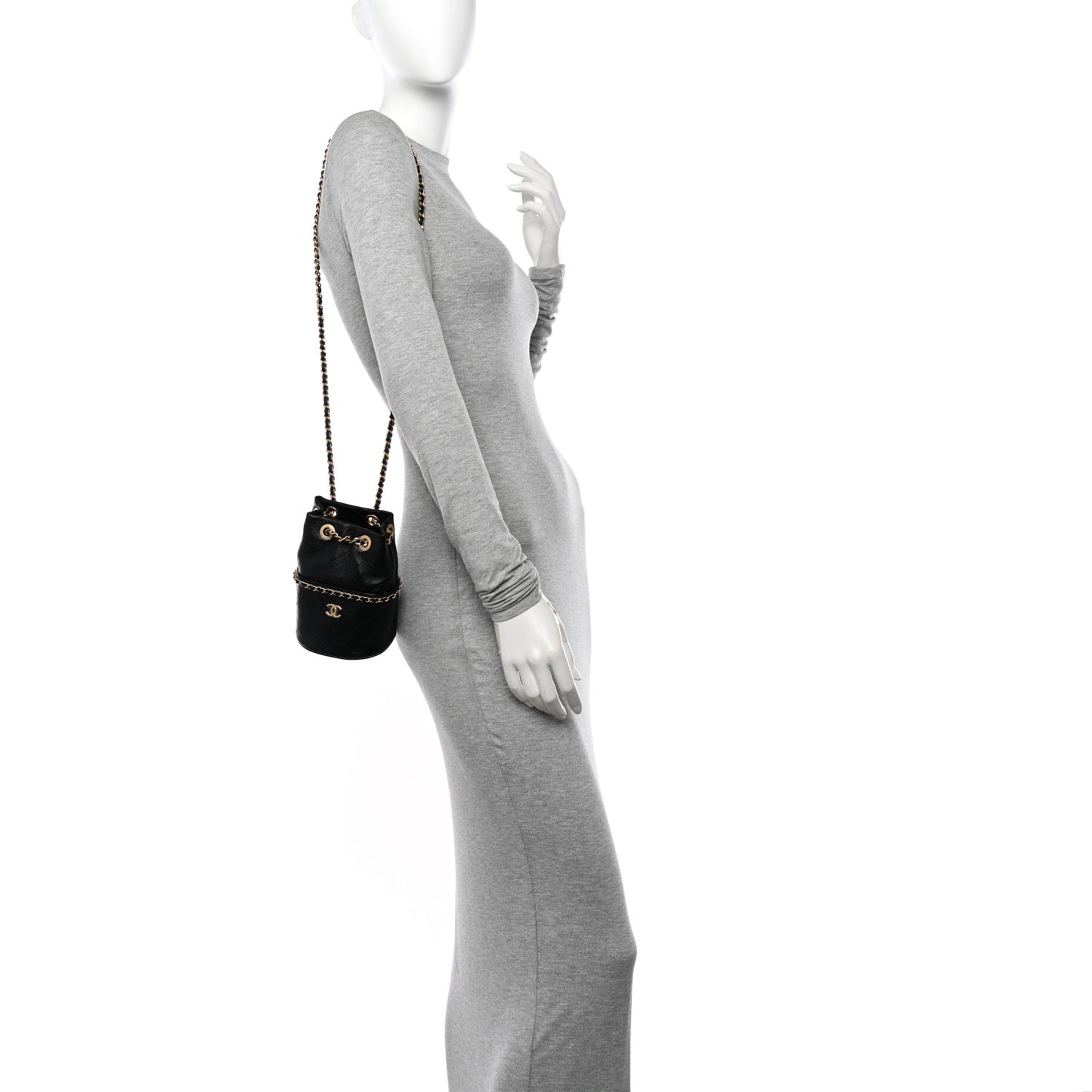 Shiny Lambskin Quilted Chain Around Drawstring Bucket Clutch With Chain Black