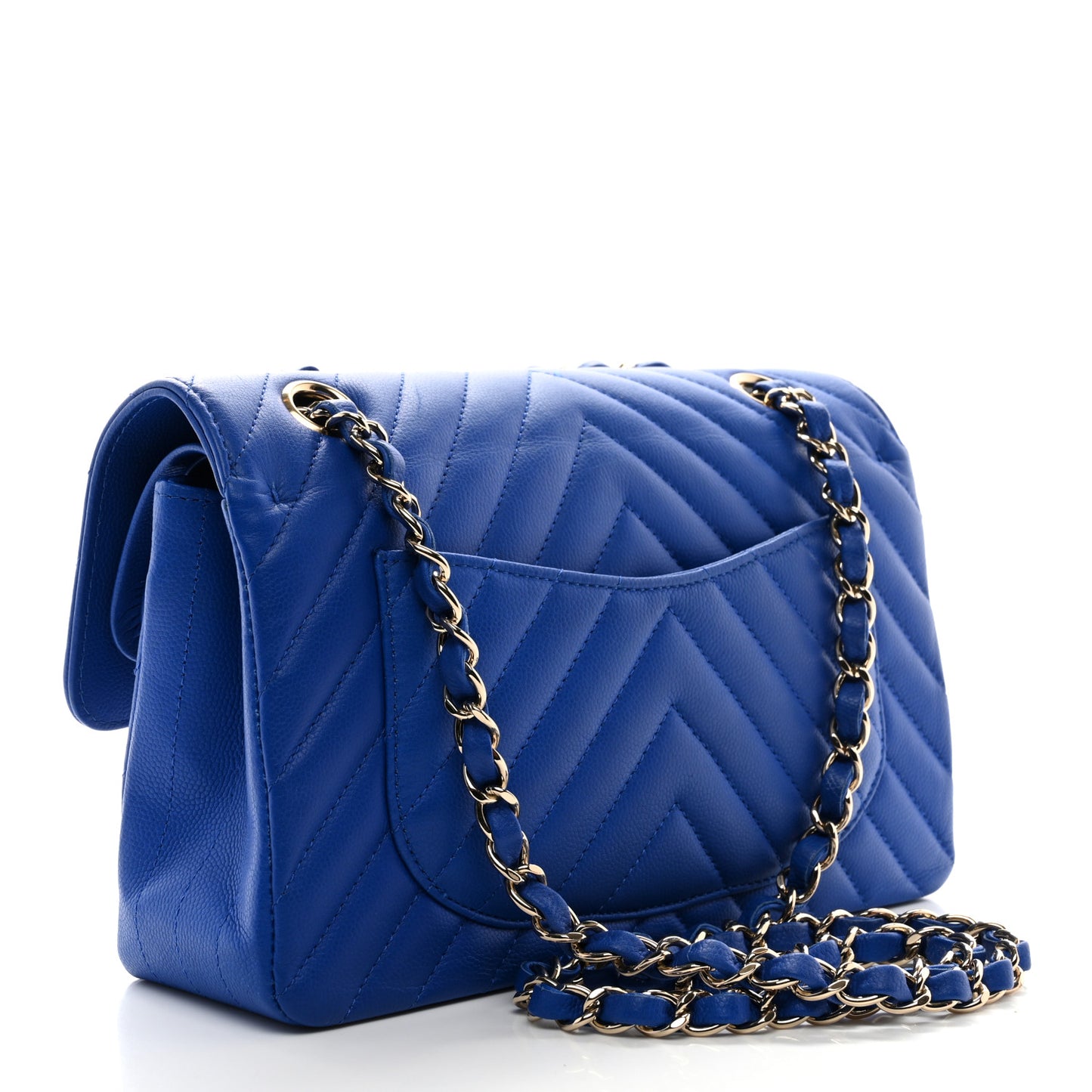 Caviar Chevron Quilted Small Double Flap Blue