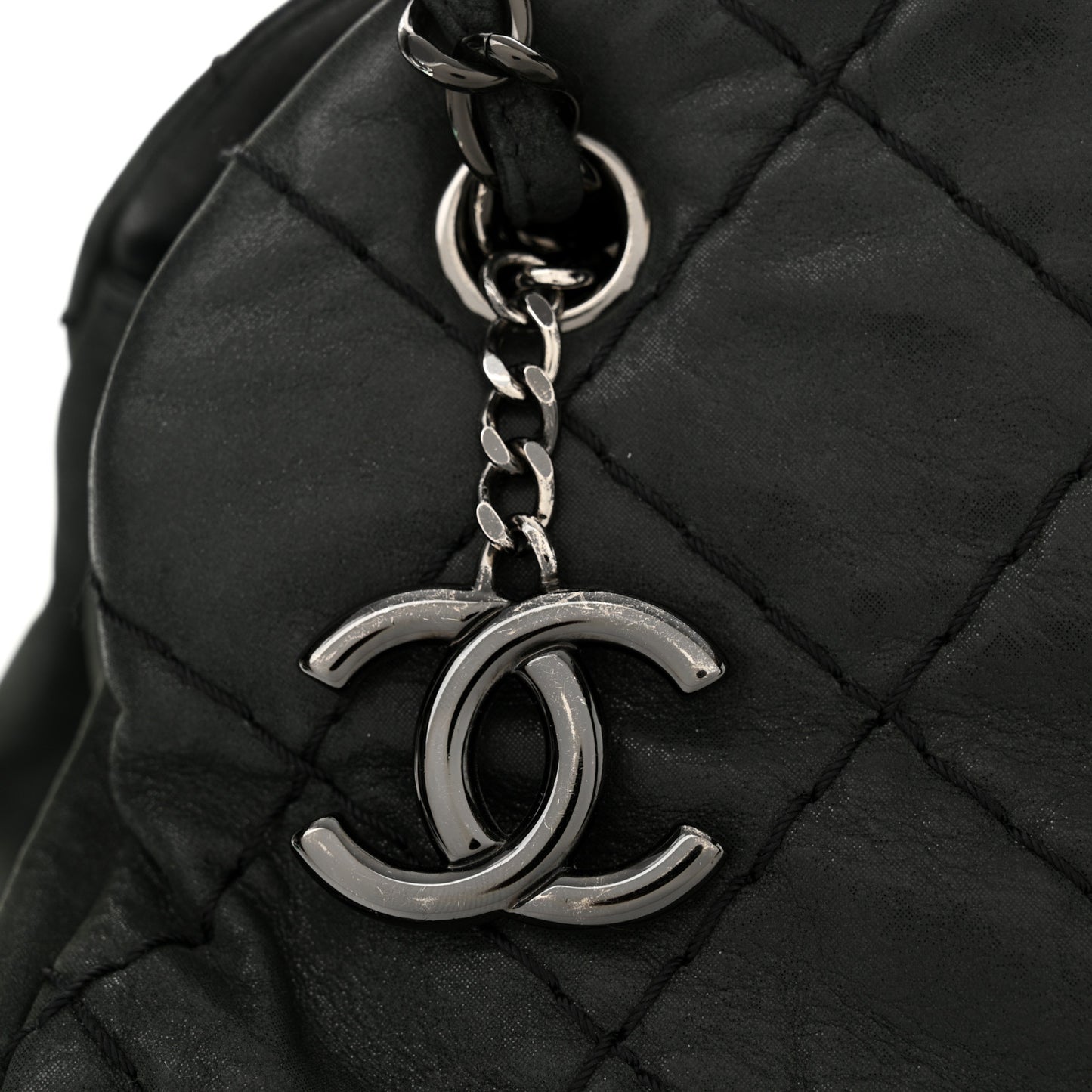Iridescent Calfskin Stitched Just Mademoiselle Bowling Bag Black