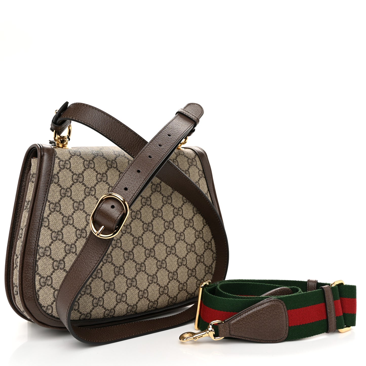 GG Supreme Monogram Textured Dollar Calfskin Web Medium Blondie Shoulder Flap Bag Beige Ebony New Acero