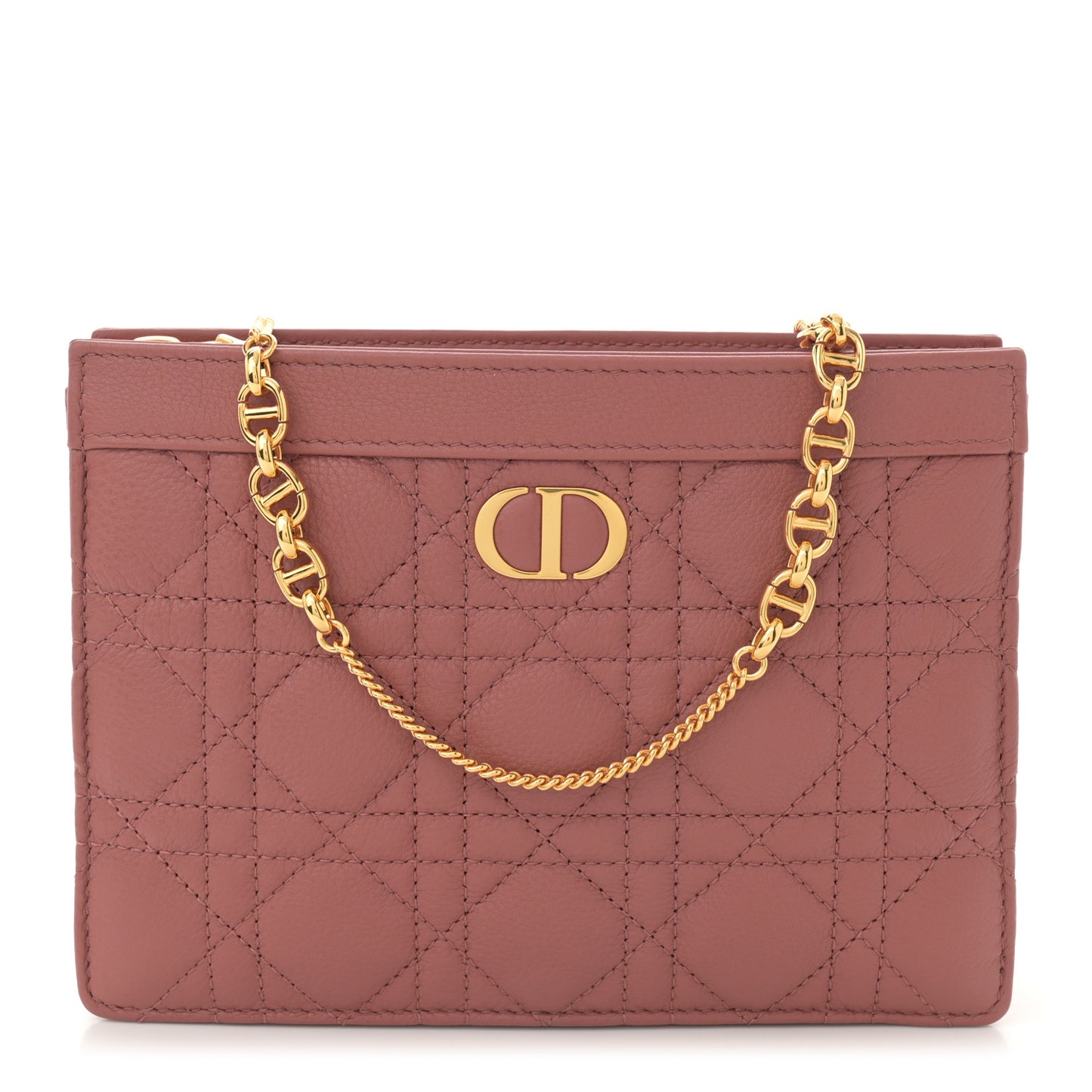 Calfskin Cannage Caro Zipped Pouch With Chain Rust