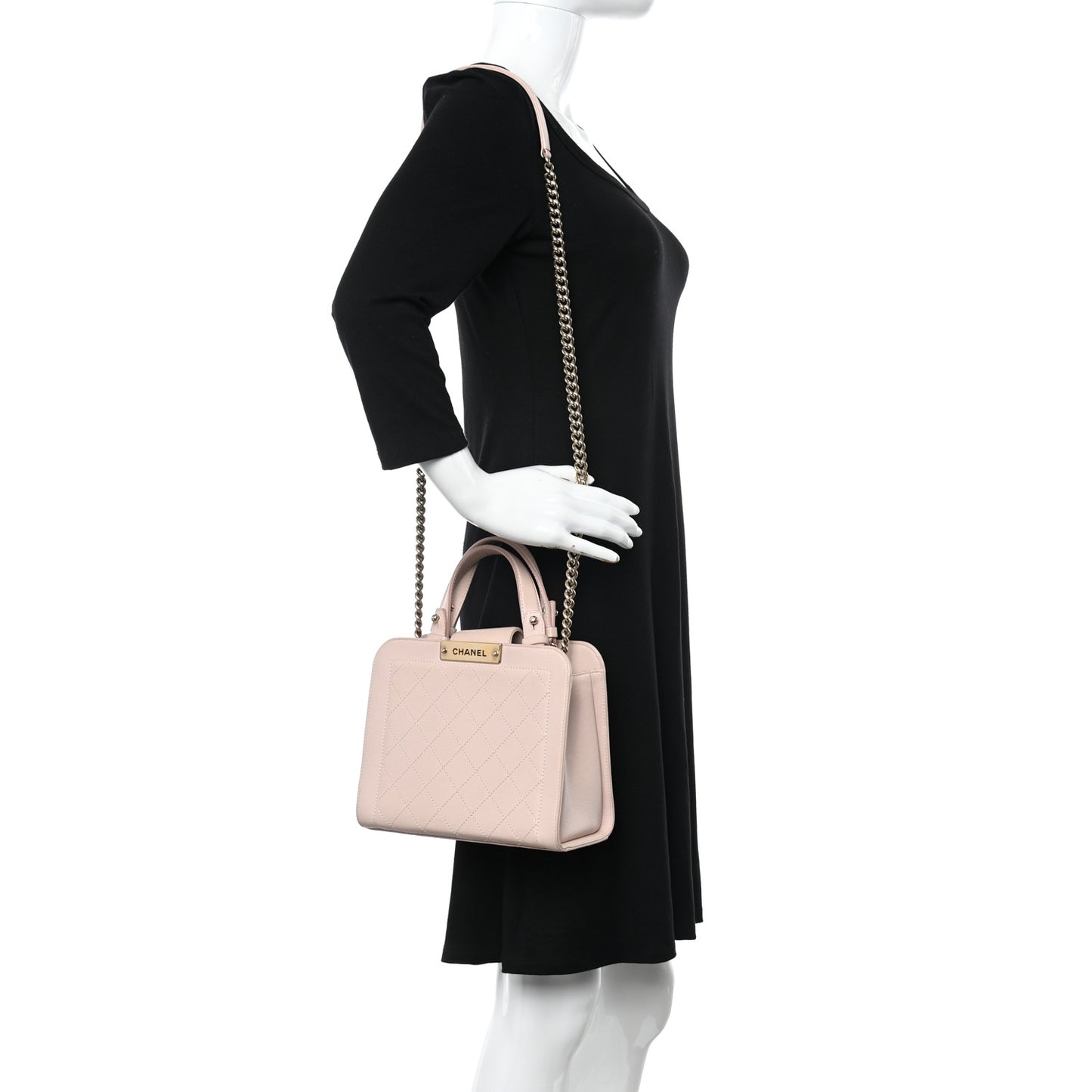 Grained Calfskin Stitched Small Label Click Shopper Tote Light Beige