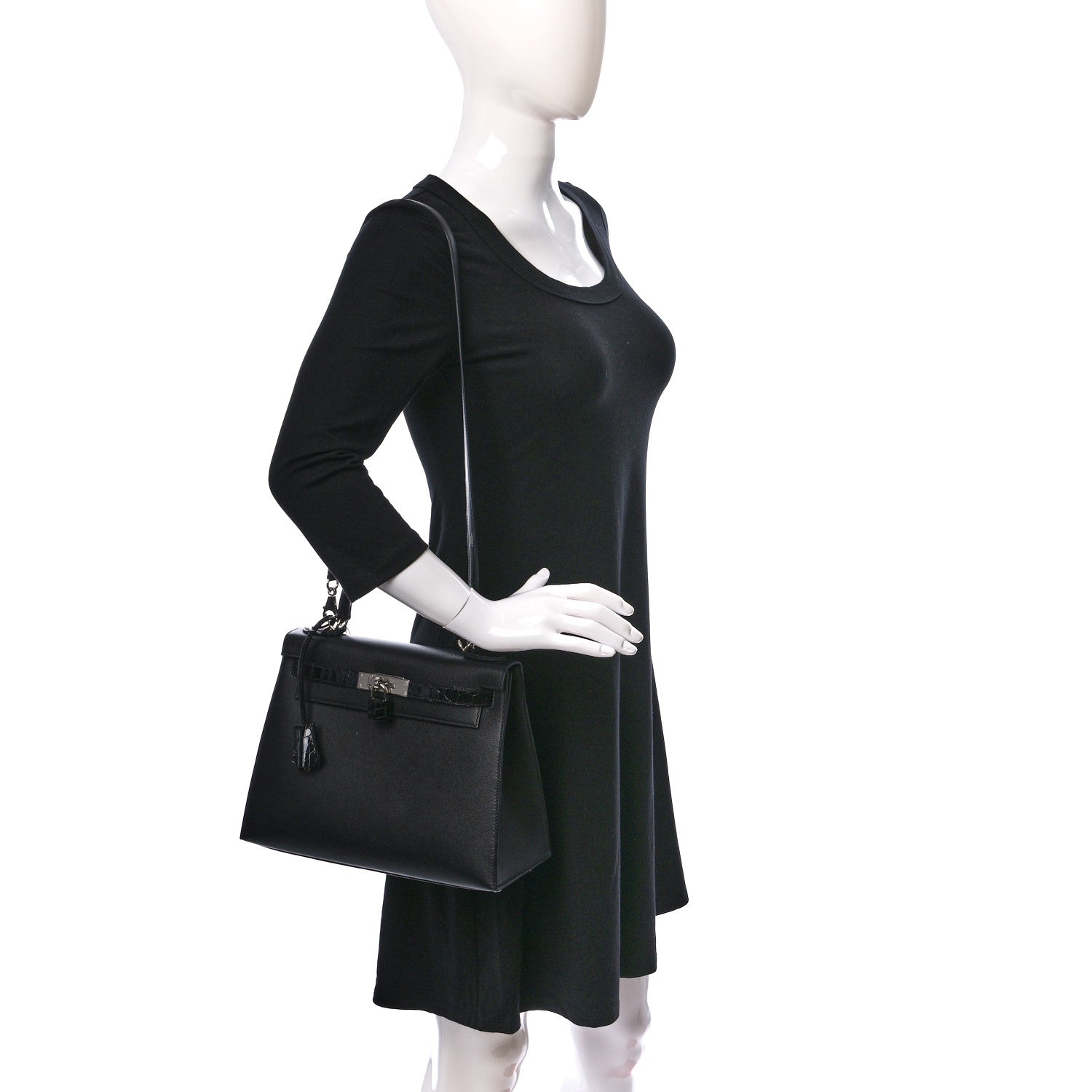 Hermes Madame Calfskin Shiny Niloticus Crocodile Kelly Sellier Touch 28 Black 2 of 13