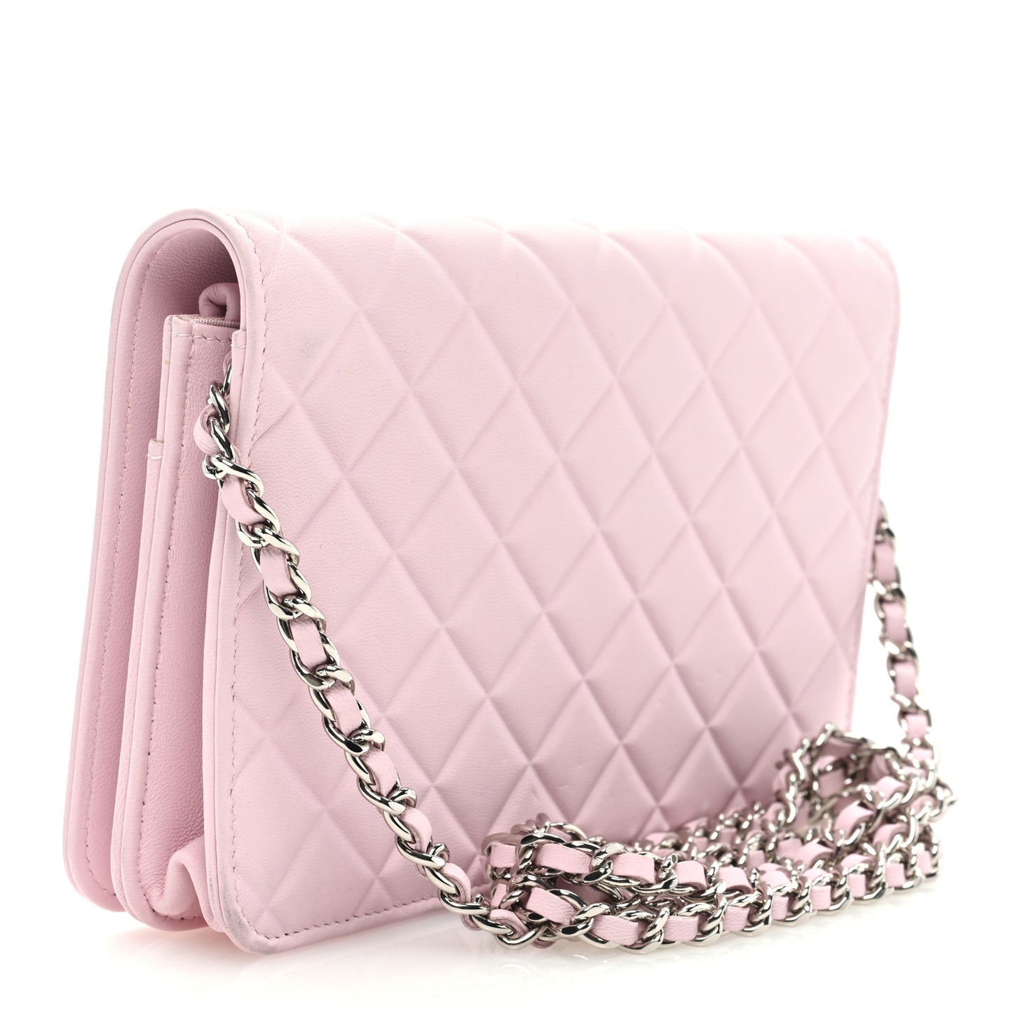 Lambskin Quilted Diamond CC Wallet On Chain WOC Pink