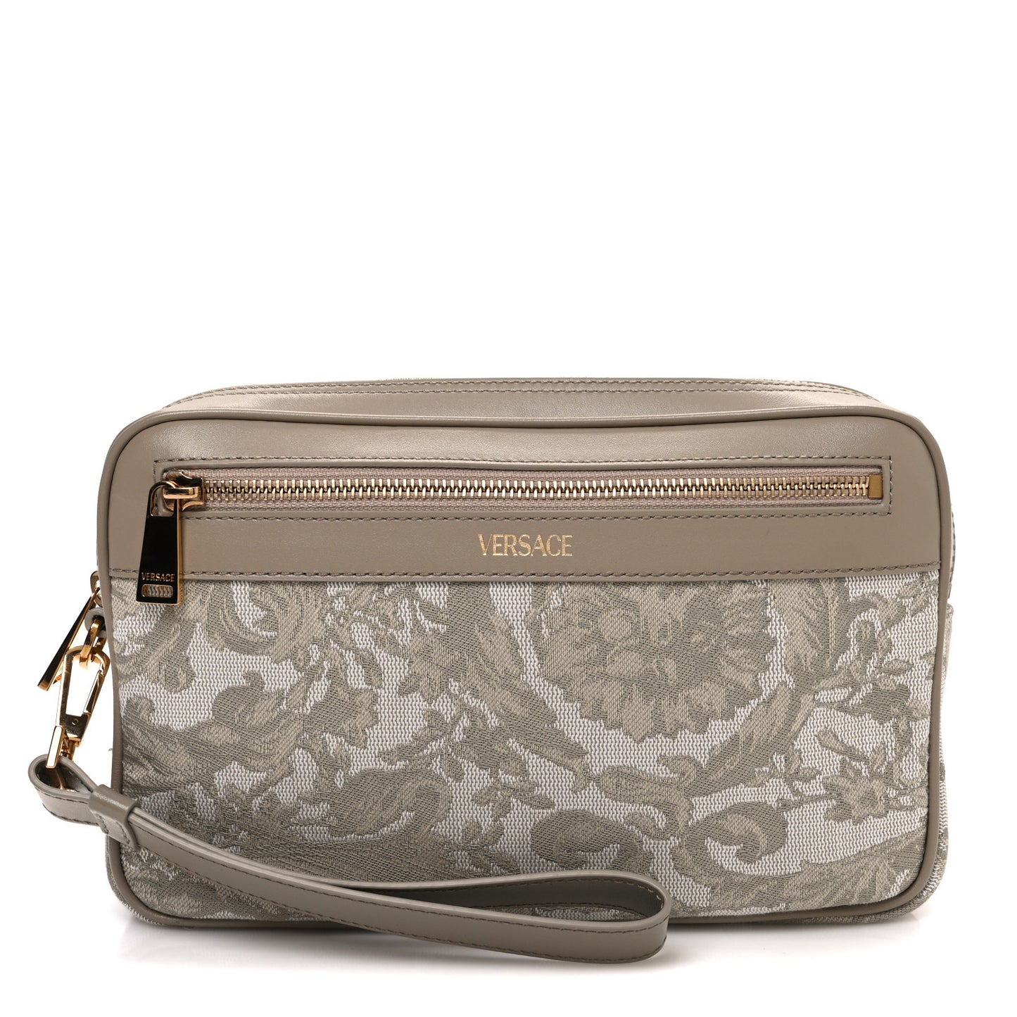 Fabric Jacquard Calfskin Barocco Wristlet Pouch Beige