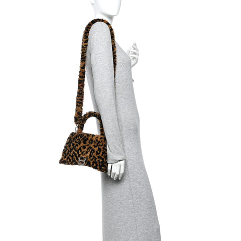 Fleece Leopard Print Small Hourglass Top Handle Bag Brown