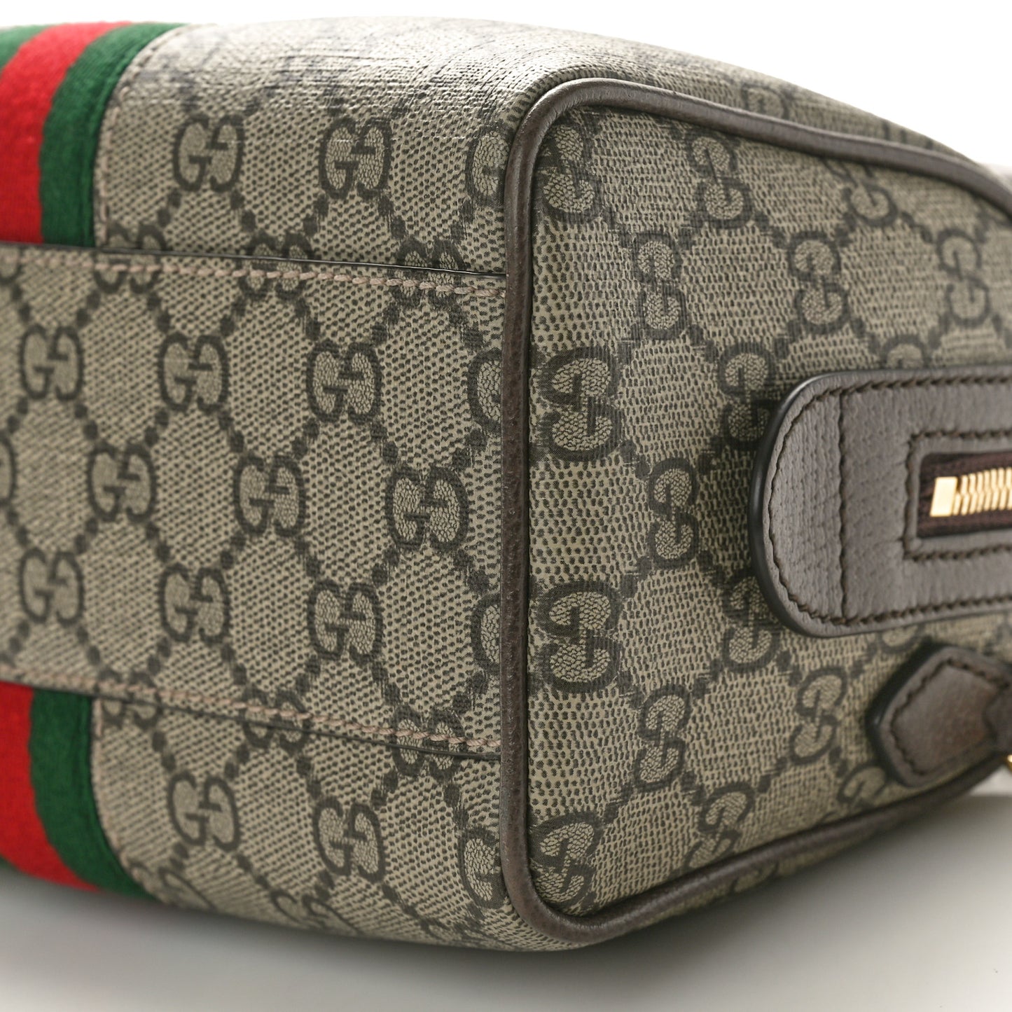 GG Supreme Monogram Textured Dollar Calfskin Web Mini Ophidia Top Handle Bag Beige Ebony New Acero