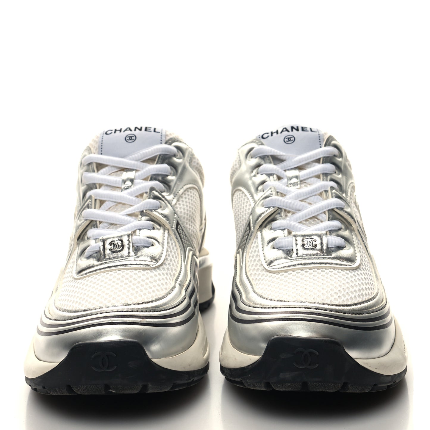 Fabric Laminated Calfskin Stretch CC Sneakers 38.5 White Silver