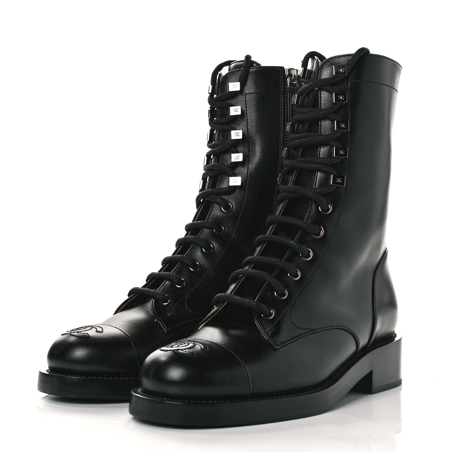 Calfskin Lace Up Combat Boots 36 Black