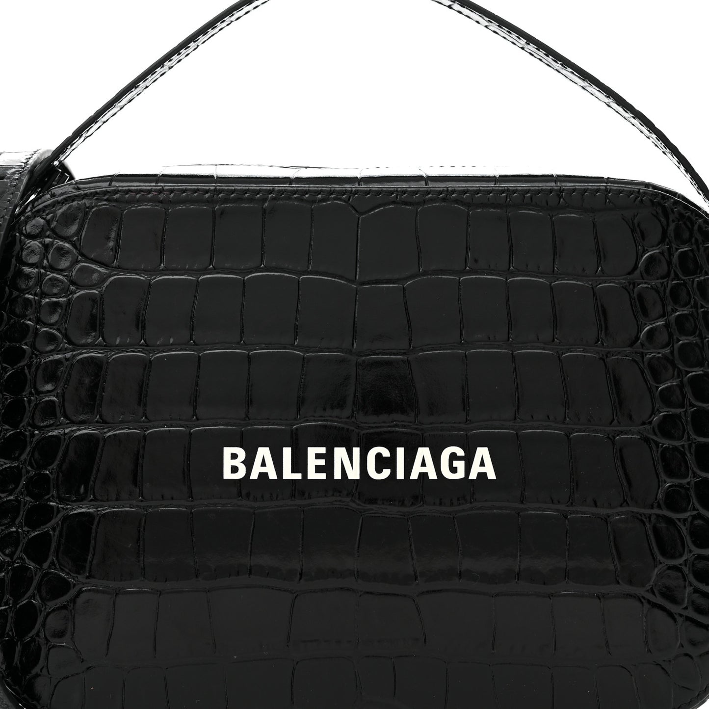 Shiny Calfskin Logo Crocodile Embossed S Everyday Camera Bag with Handle Black