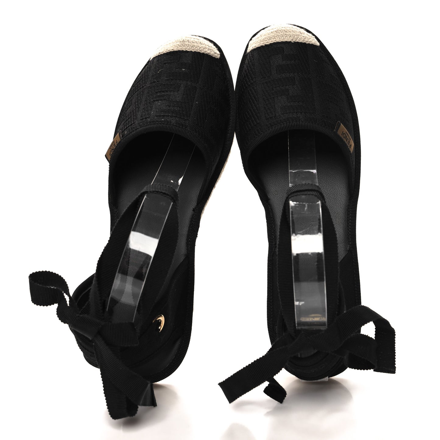 Canvas FF Embroidered Roma Ankle Wrap Flat Espadrilles 40 Black