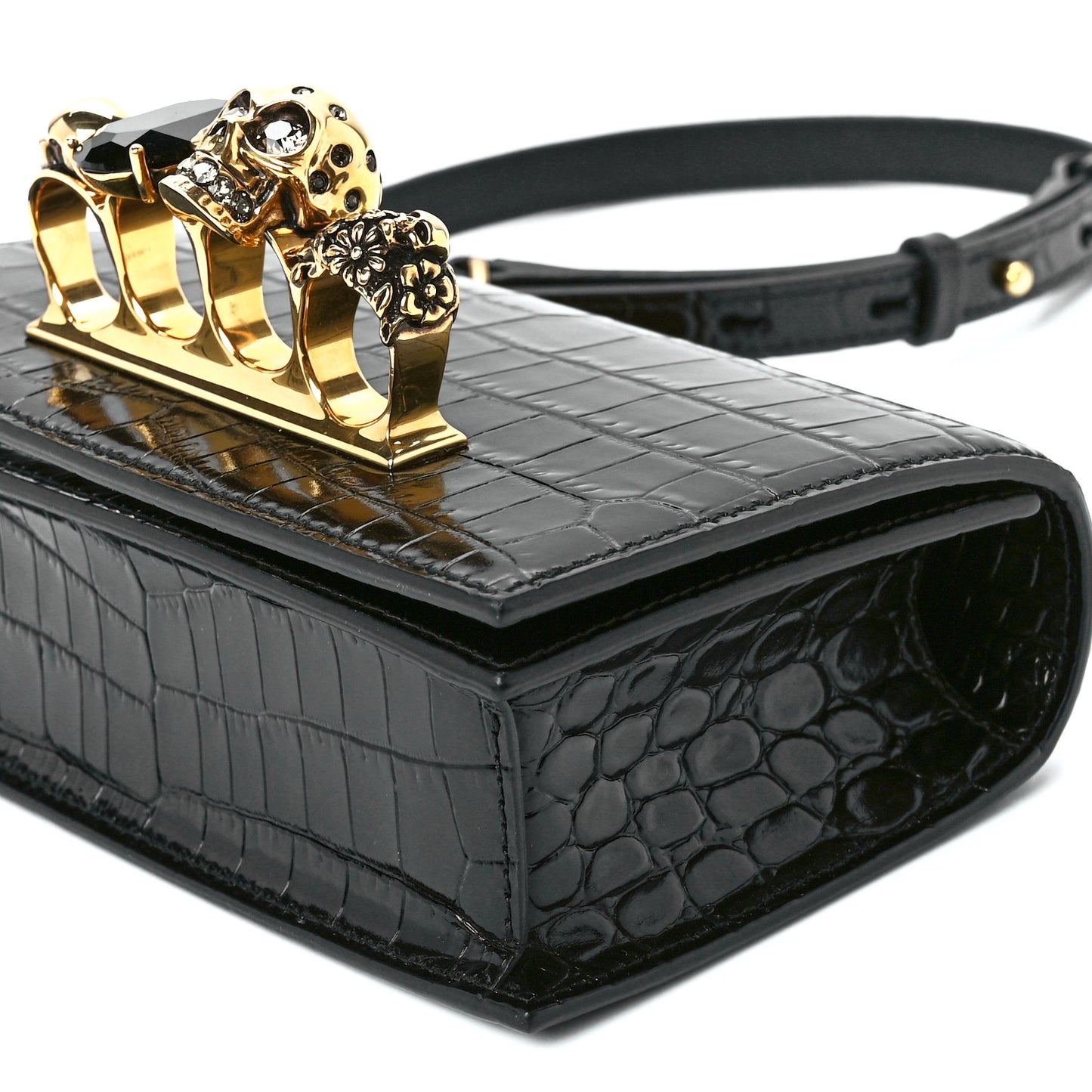 Calfskin Crocodile Embossed Mini Jeweled Satchel Black