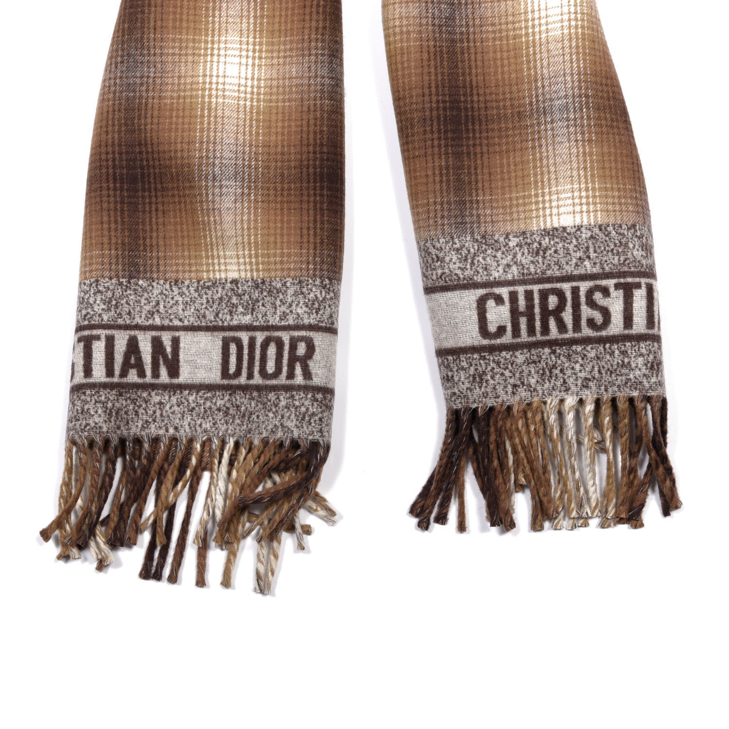 Christian Dior Wool Silk Blend Plaid Fringe Scarf Brown 2 of 4