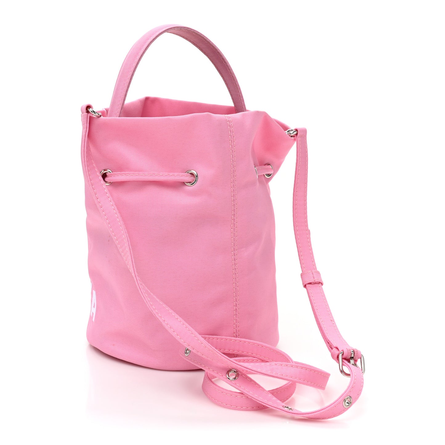 Recycled Sport Nylon Logo Embroidered Wheel Drawstring Bucket Bag XS Pink White