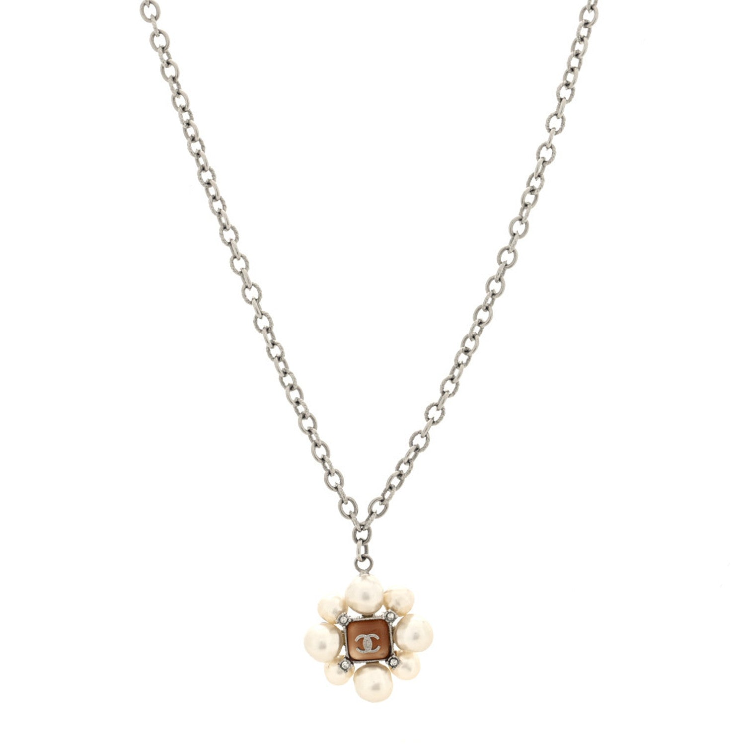 Chanel Gripoix Pearl Crystal CC Pendant Necklace Silver 1852140