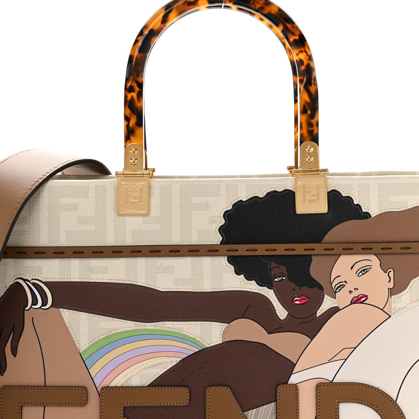 Glazed Fabric Plexiglass FF Logo Bikini Girls Medium Fendi Sunshine Shopper Tote Bianco Perla Multicolor Miele Scuro