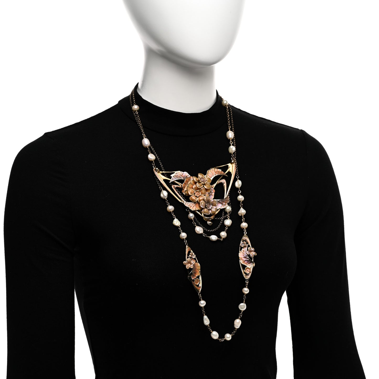 Enamel Pearl CC Floral Long Necklace Multicolor