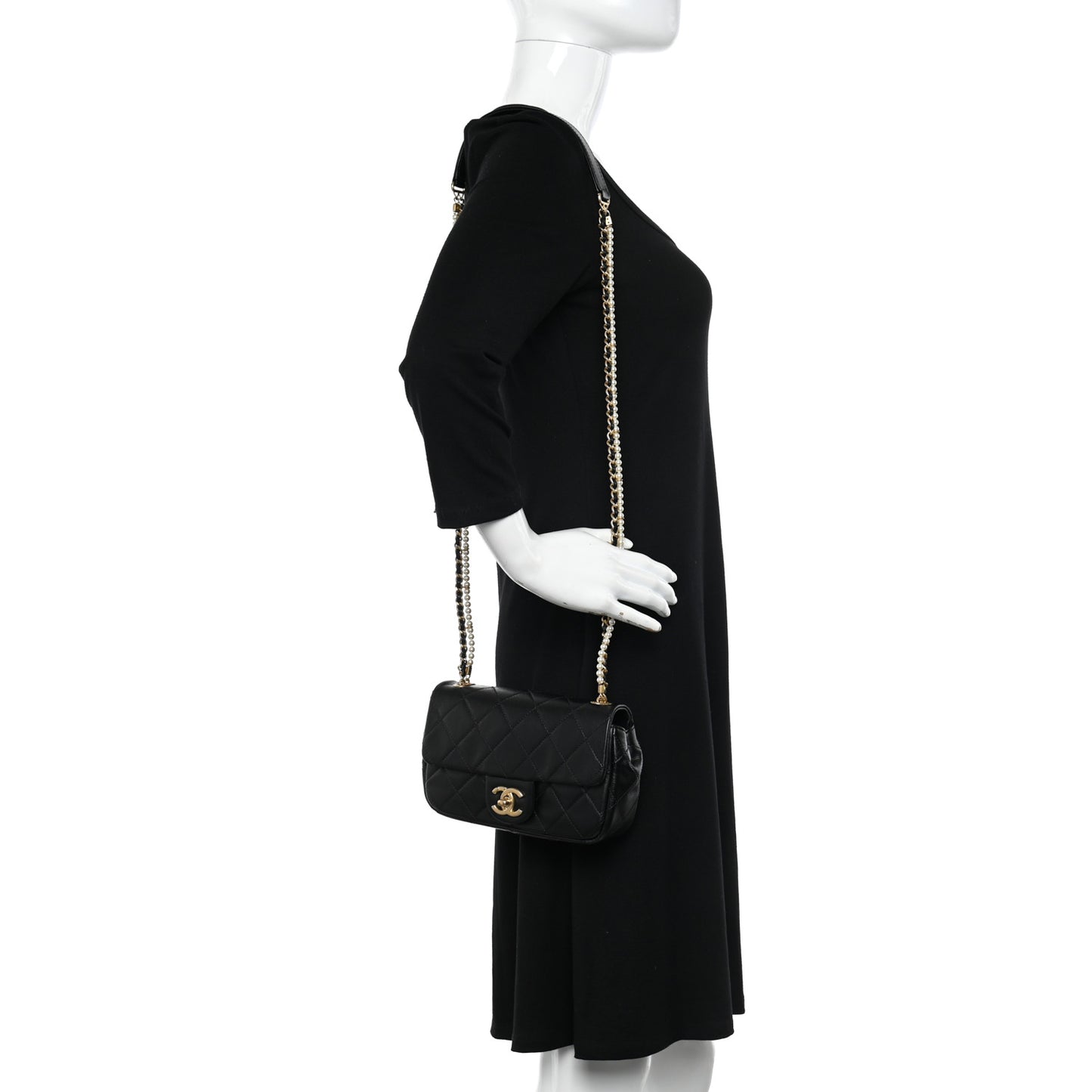 Calfskin Quilted Mini Rectangular Crystal Pearls Chain Flap Black