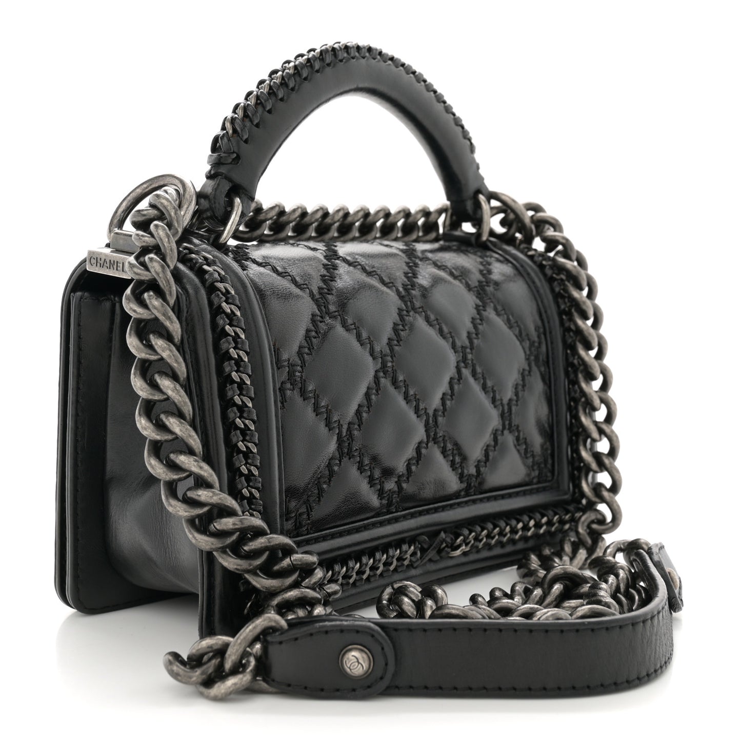 Goatskin Quilted Small Boy Top Handle Flap Black