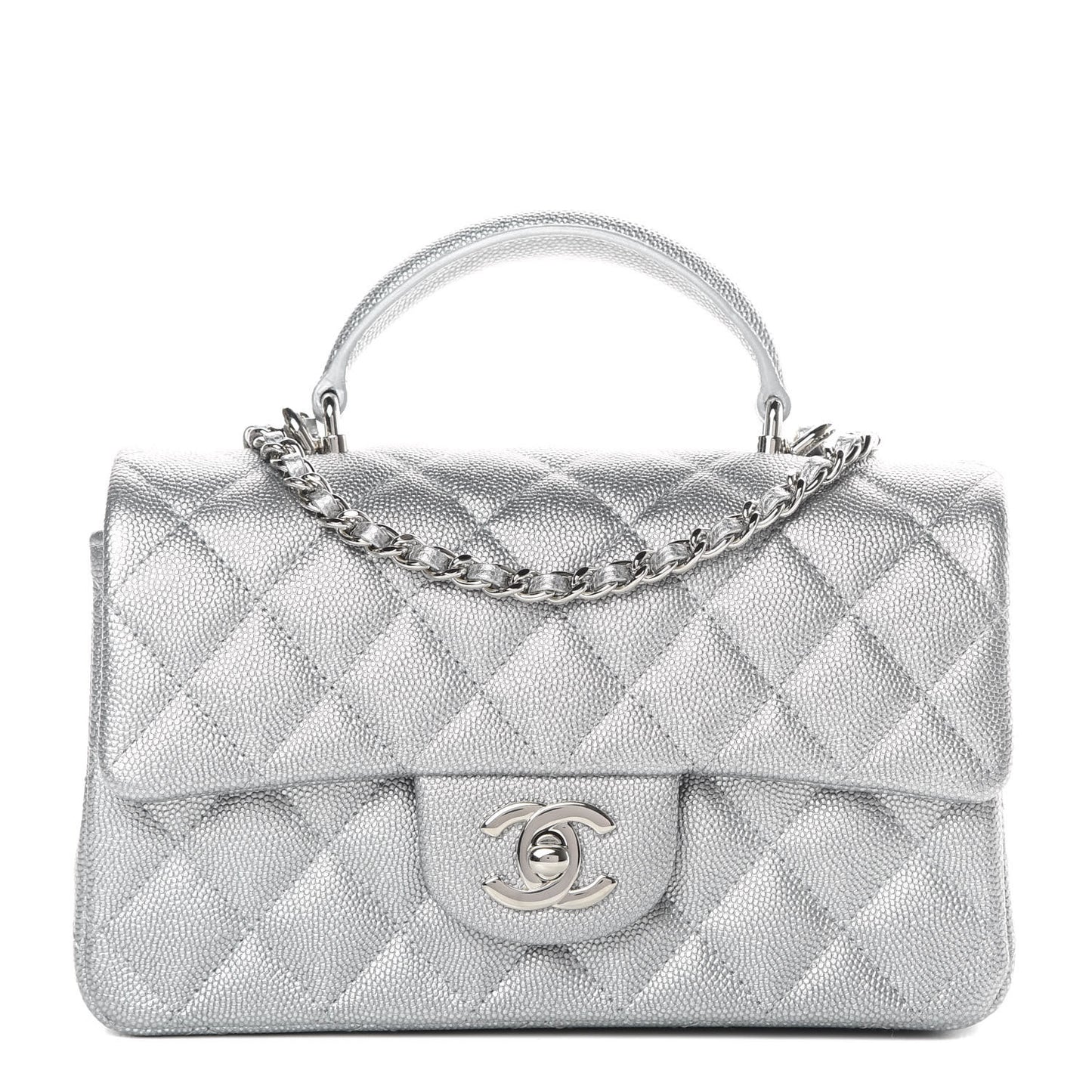 Metallic Caviar Quilted Mini Top Handle Rectangular Flap Silver