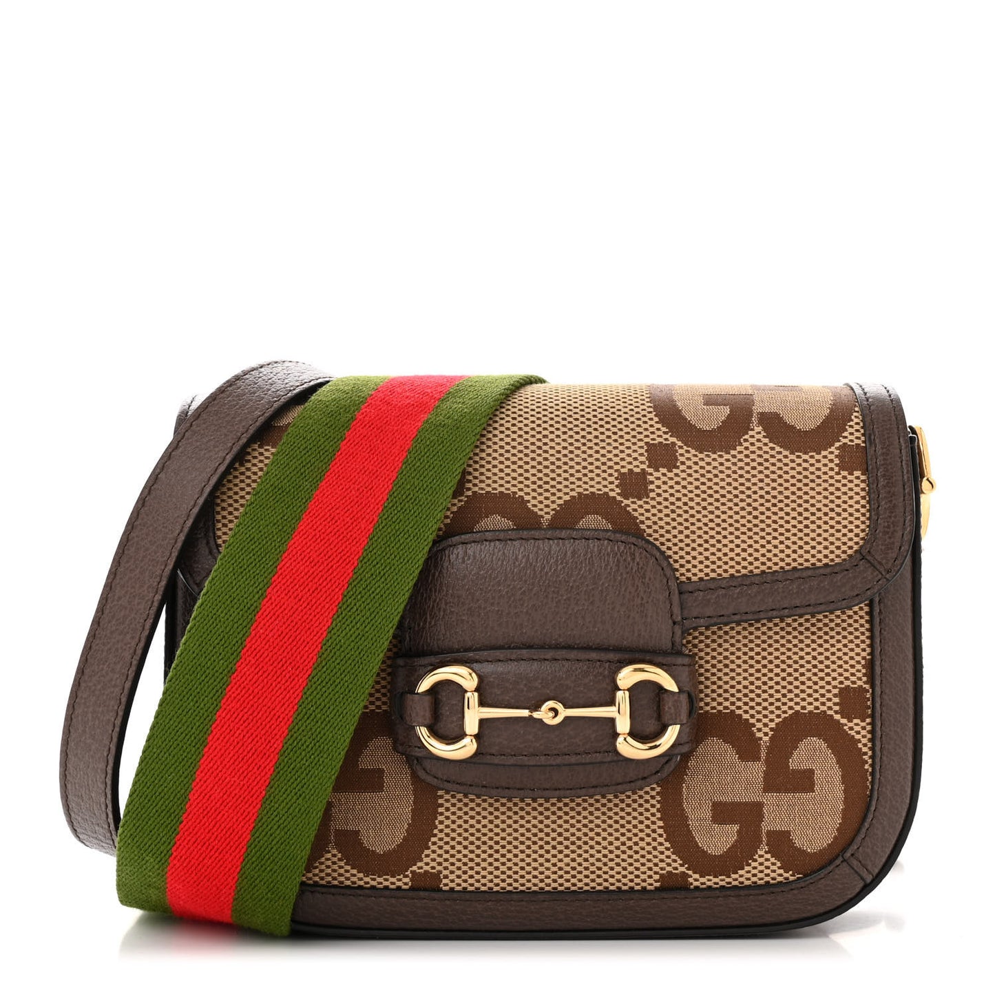 Monogram Jumbo GG Textured Dollar Calfskin Web Mini Horsebit 1955 Shoulder Bag Camel Ebony New Acero