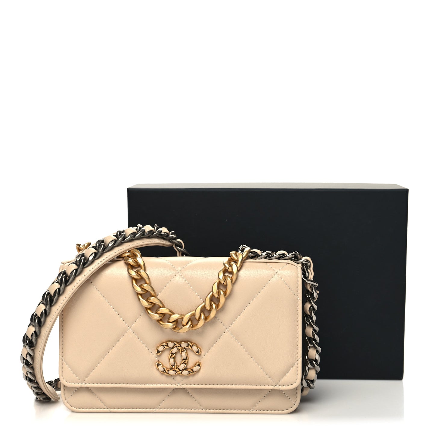 Lambskin Quilted Chanel 19 Wallet On Chain WOC Beige