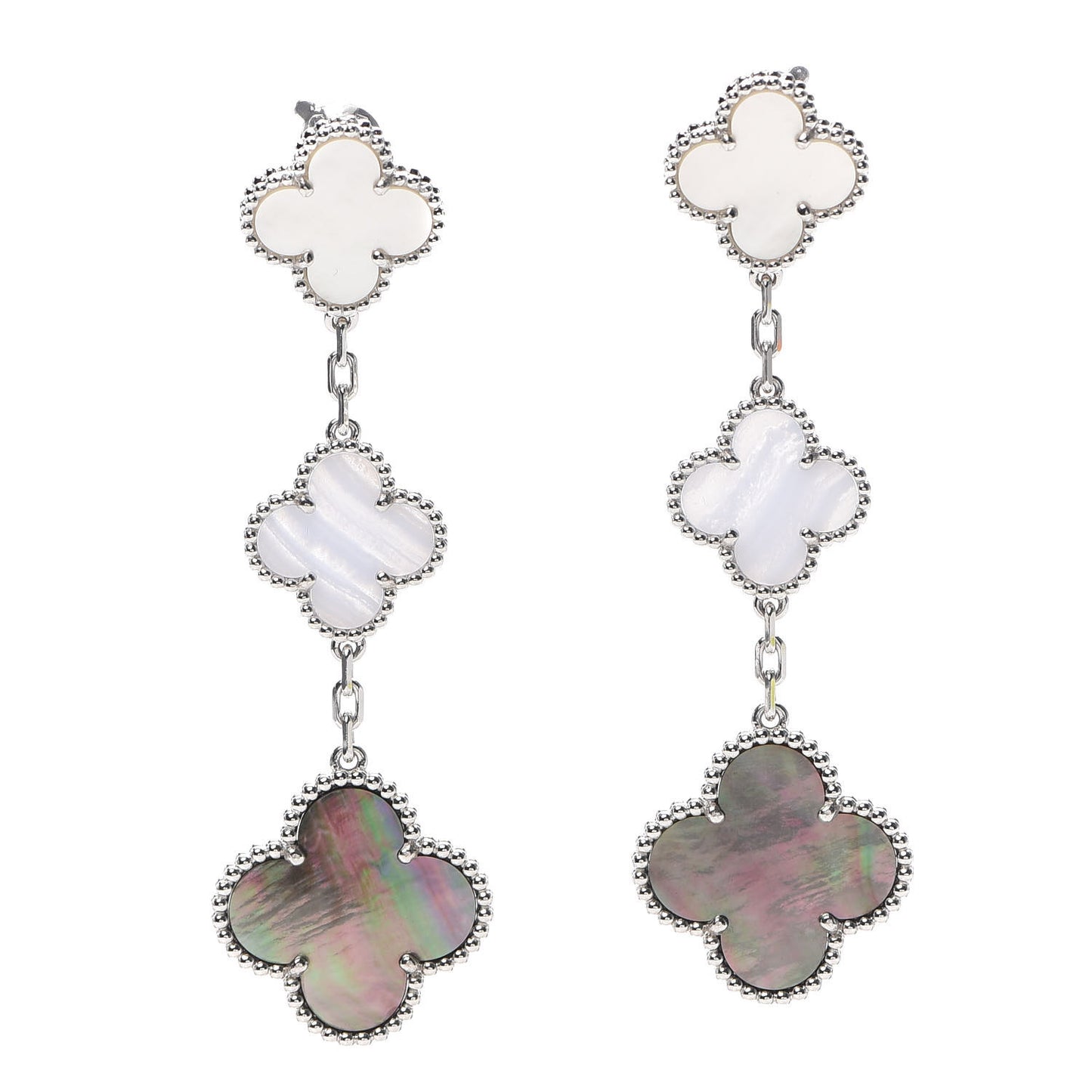 18K White Gold Mother of Pearl Chalcedony 3 Motifs Magic Alhambra Earrings