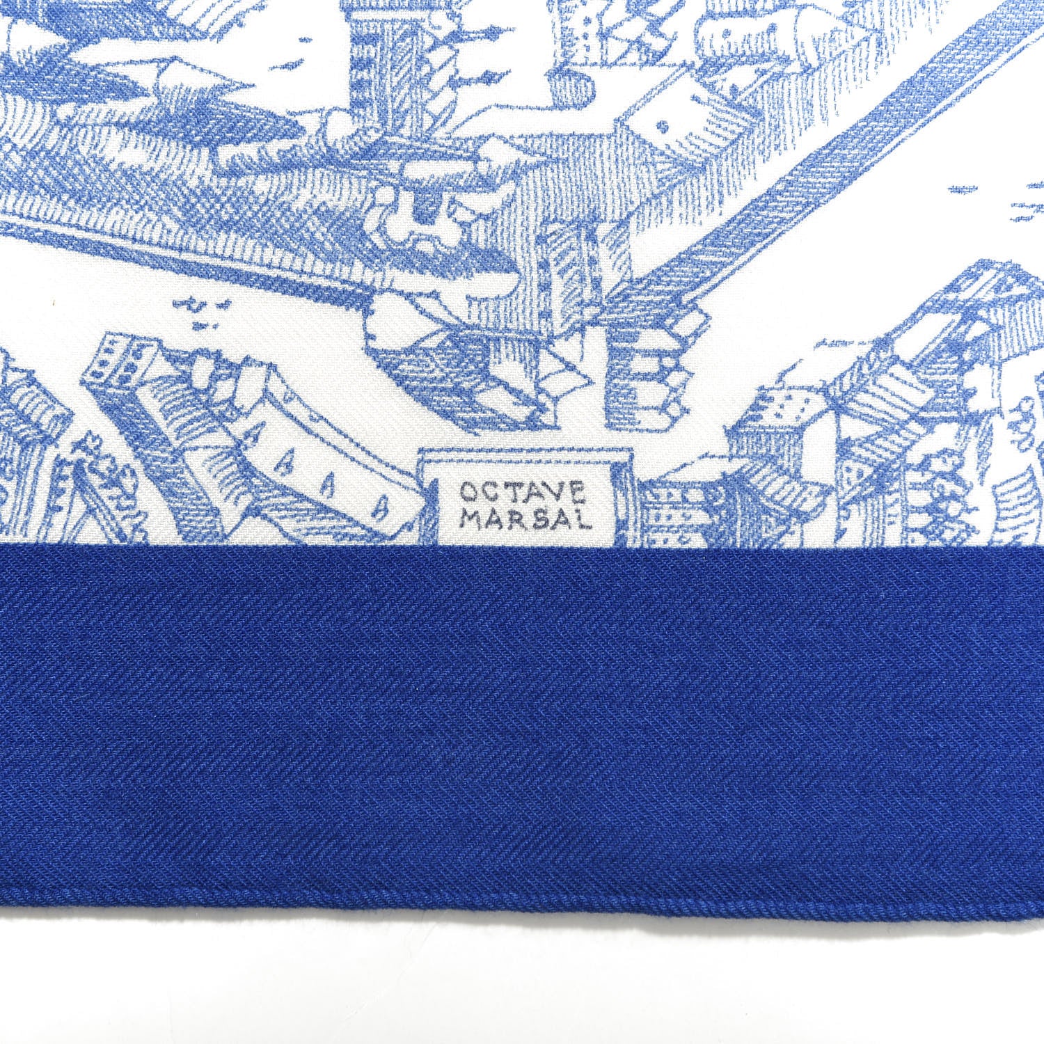 Hermes Cashmere Silk La Cite Cavaliere Shawl 140 Bleu Roy White Encre 4 of 4