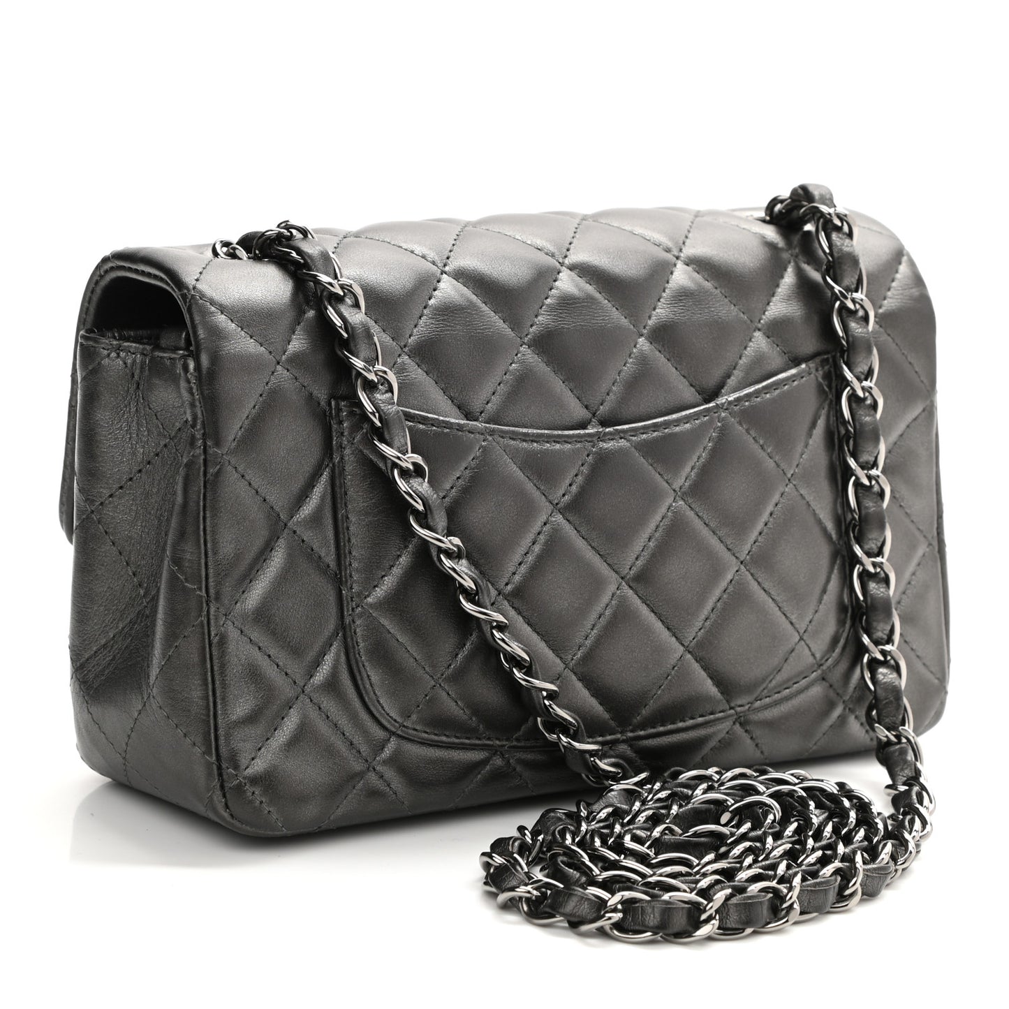 Iridescent Calfskin Quilted Mini Rectangular Flap Charcoal Grey
